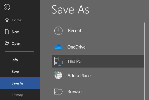 Save As option displaying on the File menu