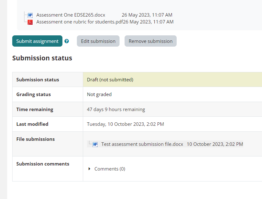 Image shows option to "Submit assignment", "Edit submission" or "Remove submission"