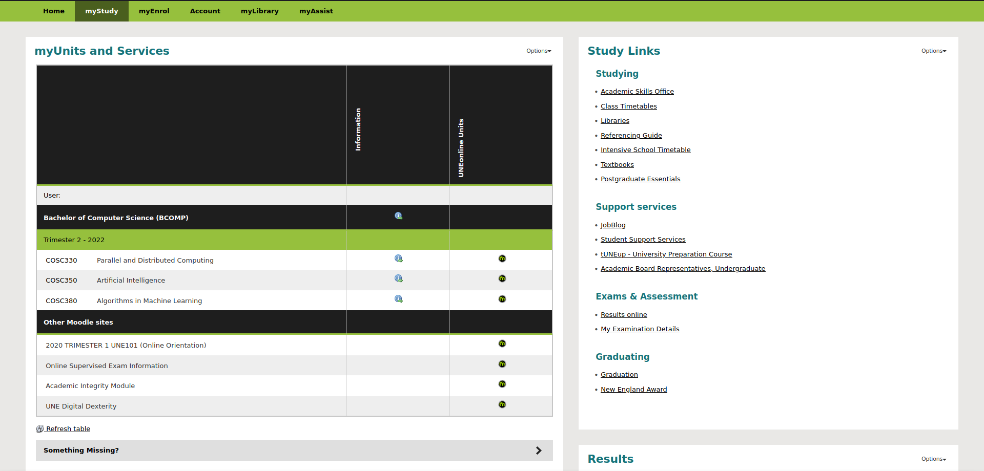 The myUnits and Services table in myUNE