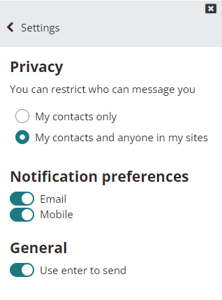 Shows the message settings page where you choose your level of privacy and preferred method of notification