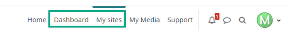 Image shows the Primary Navigation Bar with the Dashboard and My sites buttons highlighted