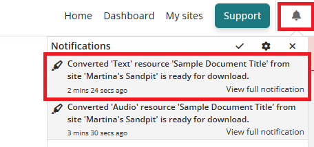 screenshot of sample notification after conversion with notification option highlighted