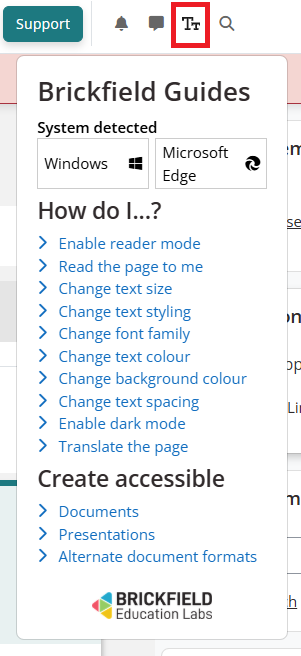 Screenshot of the top of myLearn with TT option highlighted